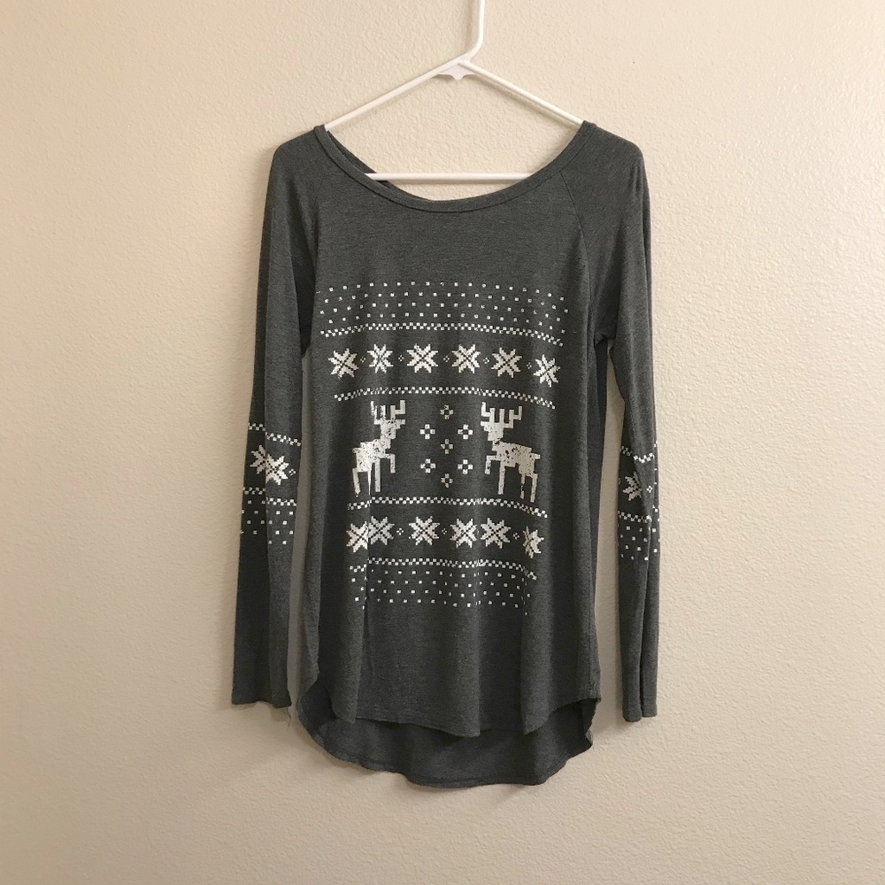 Christmas Reindeer Fairisle Long Sleeve Top In Dark Charcoal Grey Heather